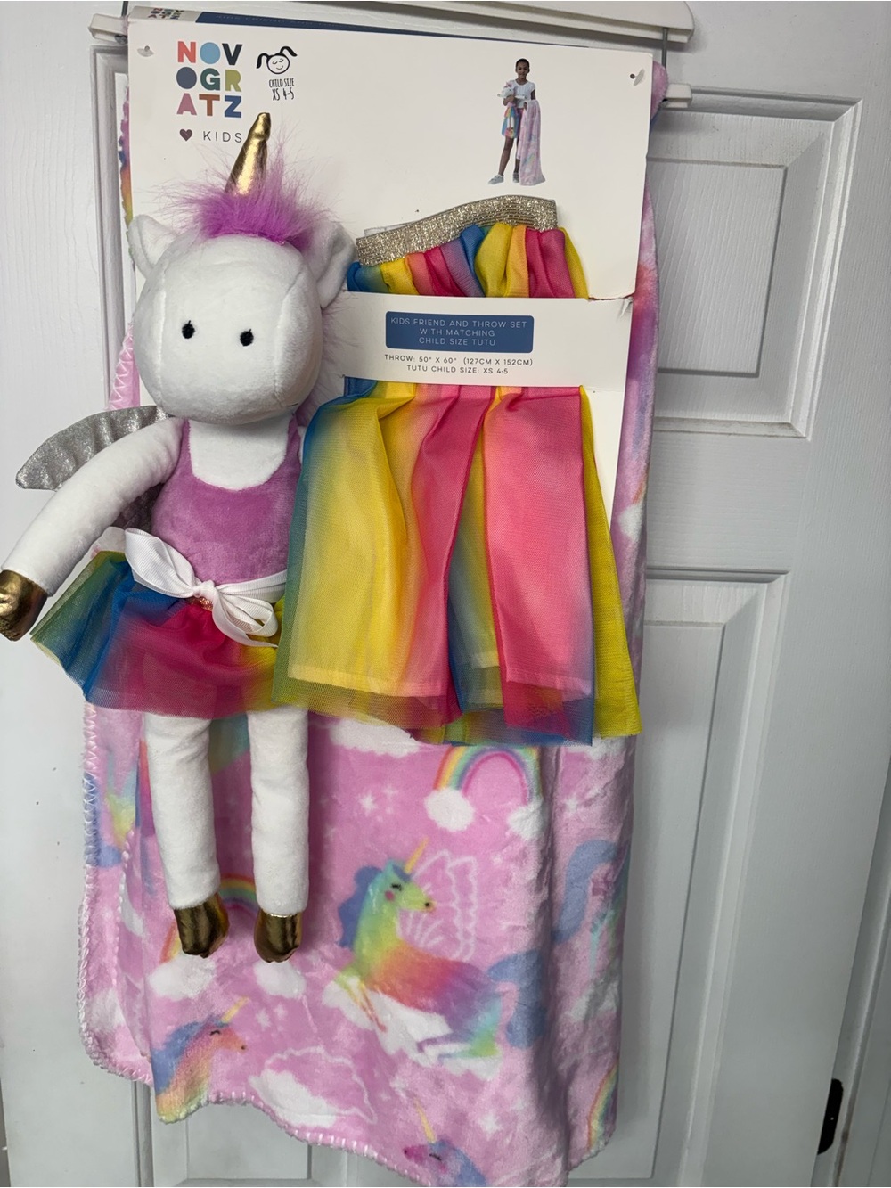 Marshalls White Unicorn Plush with Rainbow Tutu, Gold Horn and Pink Throw